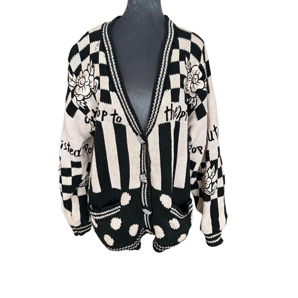 No! Jeans Pop Revolution Black & White Graphic Checkered Cardigan With Floral Kn - Picture 3 of 16